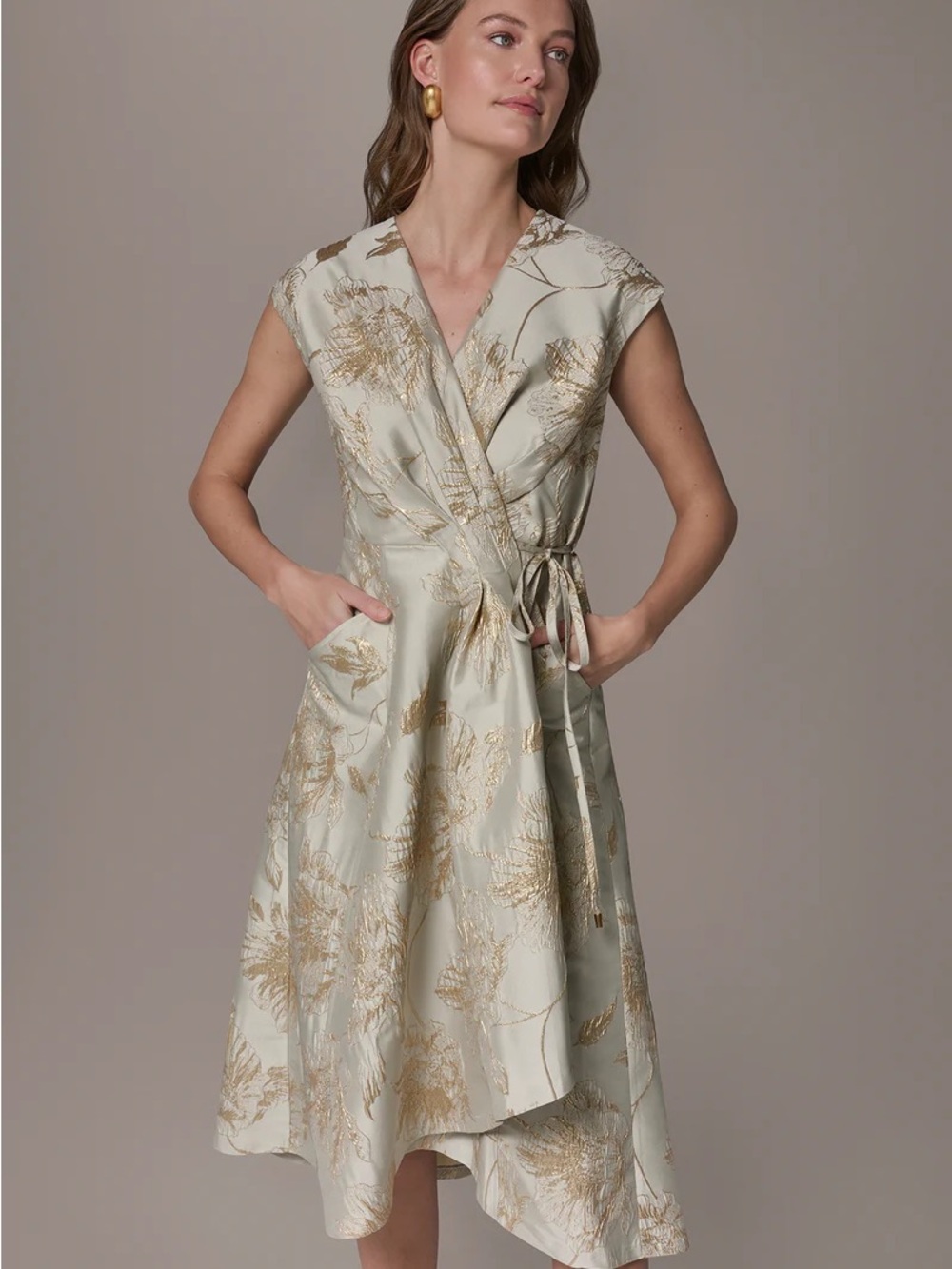 NWT Donna Karan Ivory Gold Floral Jacquard Wrap Midi Dress - Size 12 - Picture 8 of 12